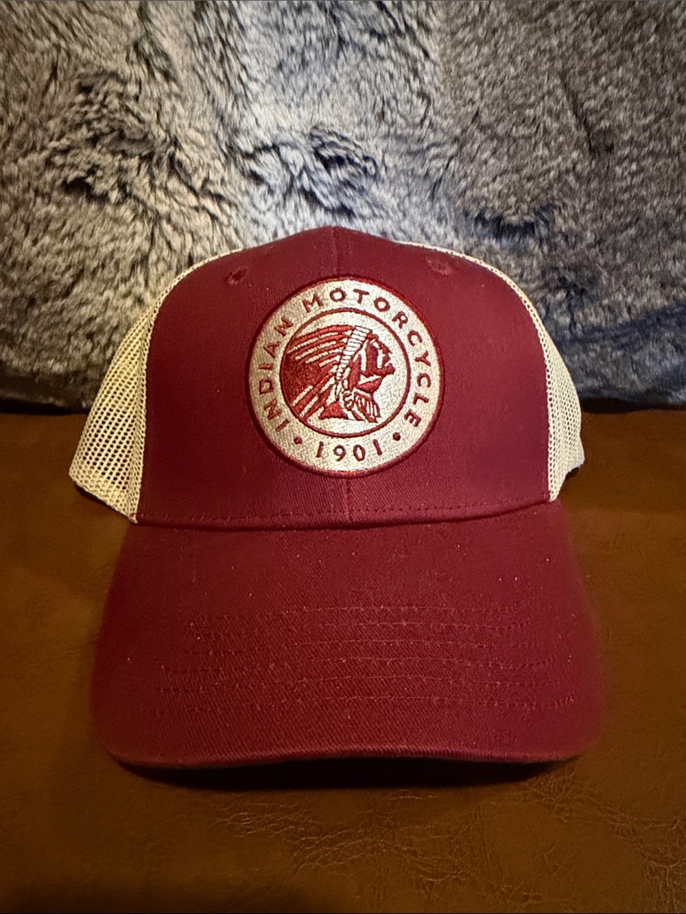 Indian Motorcycle Maroon and White Trucker Hat